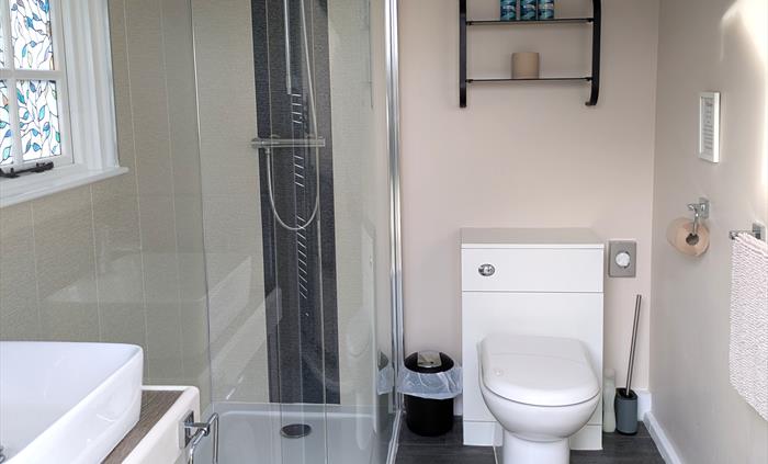 Glass shower cubicle, with cream and charcoal Aquaboard. White toilet and hand basin. Faith in Nature toiletries on black glass shelves. Charcoal viny